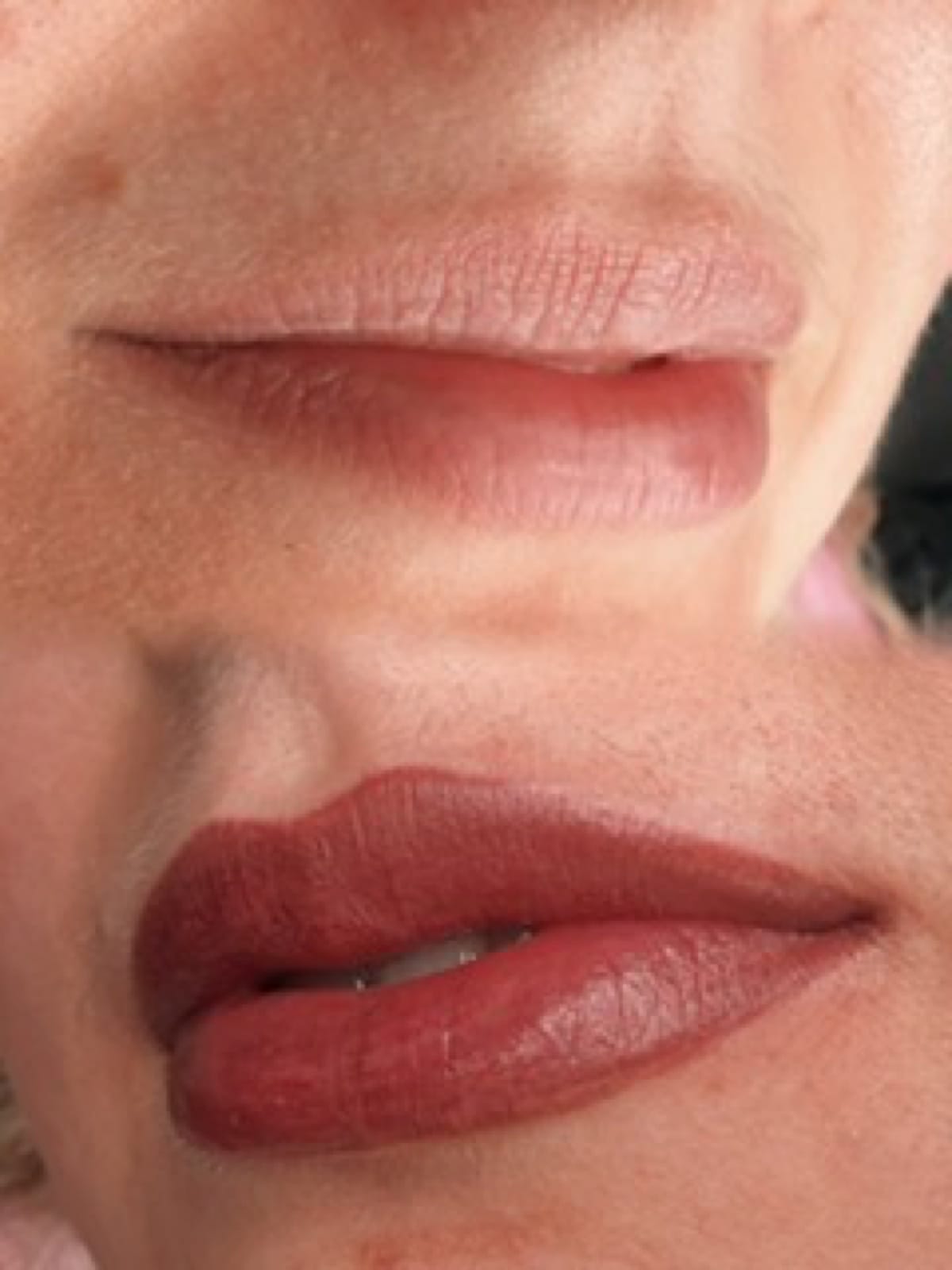 Lip blush tattoo before and after by Soza — bare lips transformed with deep mauve pigment, Orange County permanent makeup